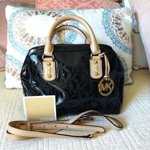 Michael Kors Signature Patent Leather Mirror Black Logo Satchel Bag Crossbody